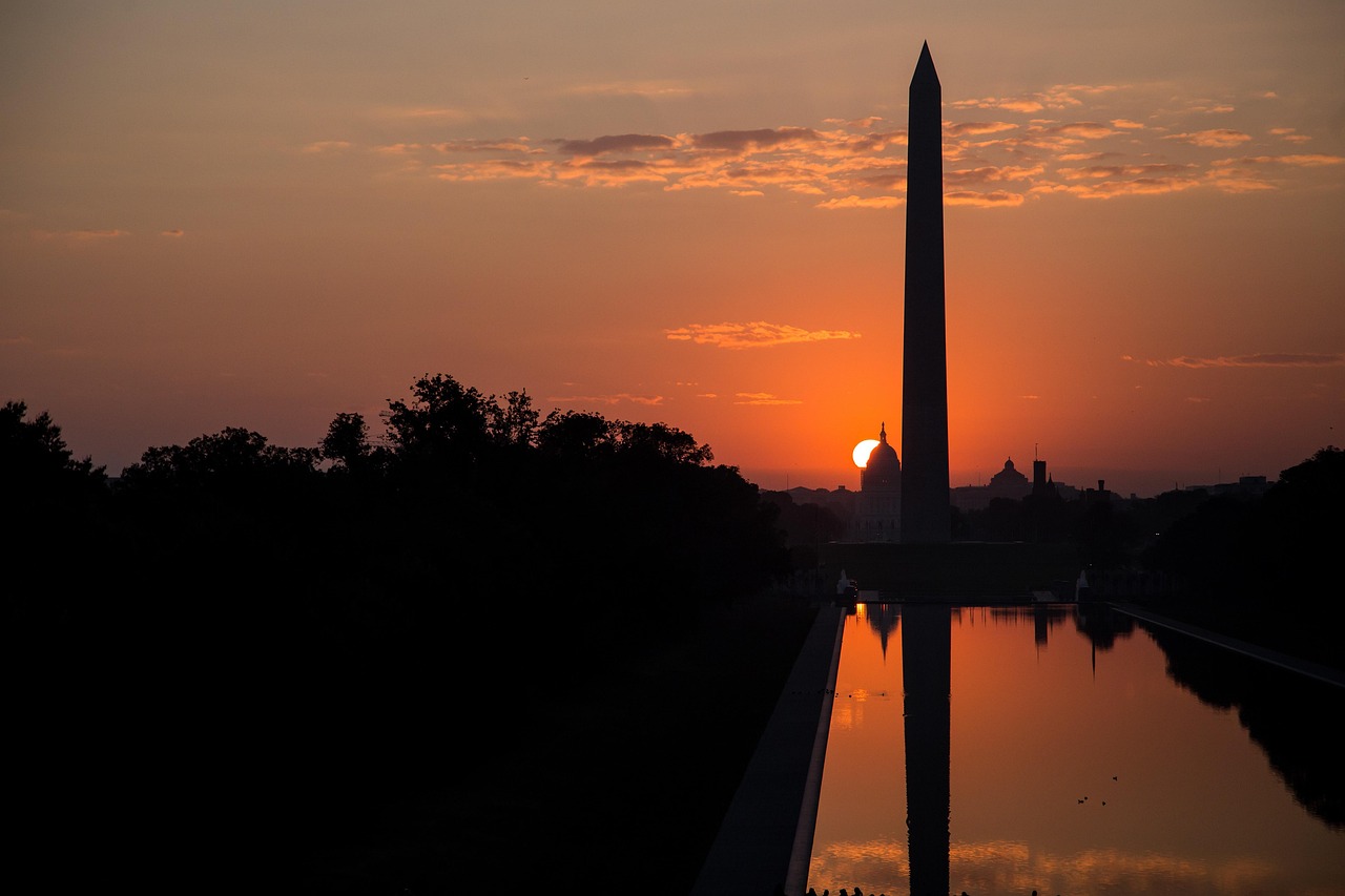The Washington Monument at sunset in Washington, D.C.